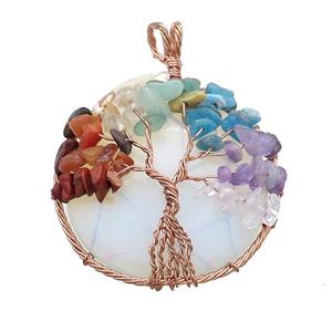 White Opalite Coin Pendant With Chakra Gemstone Tree Of Life Wire Wrapped Rose Gold, approx 45mm
