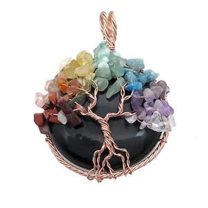 Black Obsidian Coin Pendant With Chakra Gemstone Tree Of Life Wire Wrapped Rose Gold, approx 45mm