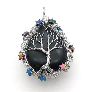 Natural Black Obsidian Teardrop Pendant With Tree Of Life Wire Wrapped Platinum Plated, approx 40-50mm