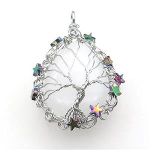 Natural Clear Quartz Teardrop Pendant With Tree Of Life Wire Wrapped Platinum Plated, approx 40-50mm