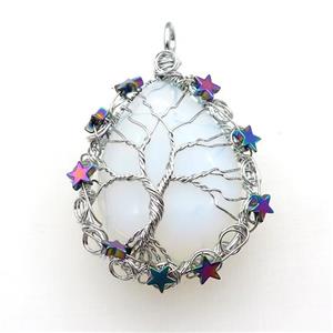 White Opalite Teardrop Pendant With Tree Of Life Wire Wrapped Platinum Plated, approx 40-50mm