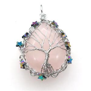 Natural Pink Rose Quartz Teardrop Pendant With Tree Of Life Wire Wrapped Platinum Plated, approx 40-50mm