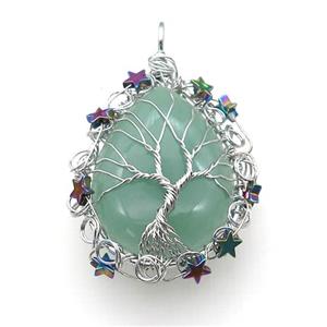 Natural Green Aventurine Teardrop Pendant With Tree Of Life Wire Wrapped Platinum Plated, approx 40-50mm
