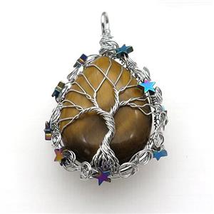 Natural Tiger Eye Stone Teardrop Pendant With Tree Of Life Wire Wrapped Platinum Plated, approx 40-50mm