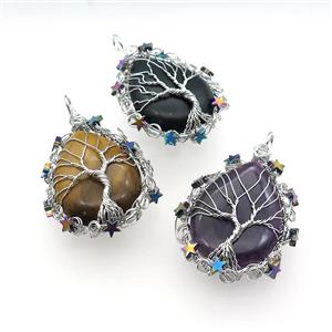 Natural Gemstone Teardrop Pendant With Tree Of Life Wire Wrapped Platinum Plated Mixed, approx 40-50mm