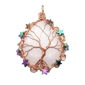 Natural Clear Quartz Teardrop Pendant With Tree Of Life Wire Wrapped Rose Gold, approx 40-50mm