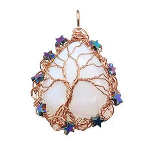 White Opalite Teardrop Pendant With Tree Of Life Wire Wrapped Rose Gold, approx 40-50mm