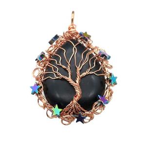 Natural Black Obsidian Teardrop Pendant With Tree Of Life Wire Wrapped Rose Gold, approx 40-50mm