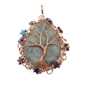 Natural Labradorite Teardrop Pendant With Tree Of Life Wire Wrapped Rose Gold, approx 40-50mm