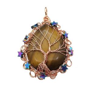 Natural Tiger Eye Stone Teardrop Pendant With Tree Of Life Wire Wrapped Rose Gold, approx 40-50mm