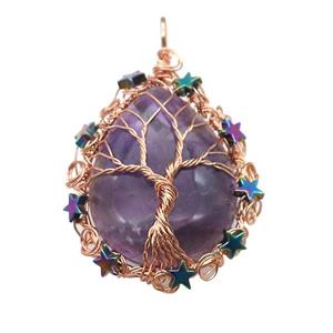 Natural Purple Amethyst Teardrop Pendant With Tree Of Life Wire Wrapped Rose Gold, approx 40-50mm