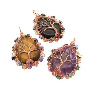 Natural Gemstone Teardrop Pendant With Tree Of Life Wire Wrapped Rose Gold Mixed, approx 40-50mm