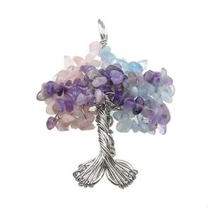 Natural Gemstone Chakra Pendant Tree Of Life Copper Wire Wrapped Platinum Plated, approx 45-55mm