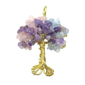 Natural Gemstone Chakra Pendant Tree Of Life Copper Wire Wrapped Gold Plated, approx 45-55mm