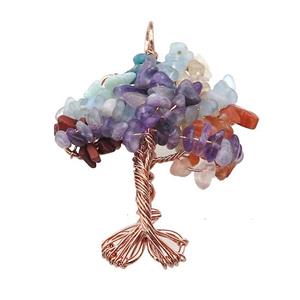 Natural Gemstone Chakra Pendant Tree Of Life Copper Wire Wrapped Rose Gold, approx 45-55mm