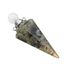 Natural Black Rutilated Quartz Chips Perfume Bottle Pendant Resin Cone Platinum Plated, approx 17-50mm
