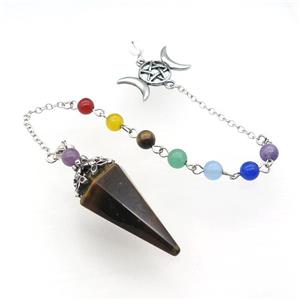 Natural Tiger Eye Stone Pendulum Pendant With Gemstone Chakra Chain Platinum Plated, approx 18-35mm, 6mm, 18cm length