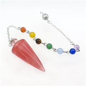 Red Synthetic Quartz Pendulum Pendant With Gemstone Chakra Chain Platinum Plated, approx 18-42mm, 6mm, 16cm length