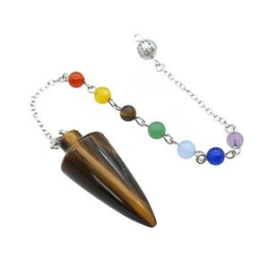 Natural Tiger Eye Stone Pendulum Pendant With Gemstone Chakra Chain Platinum Plated, approx 18-42mm, 6mm, 16cm length