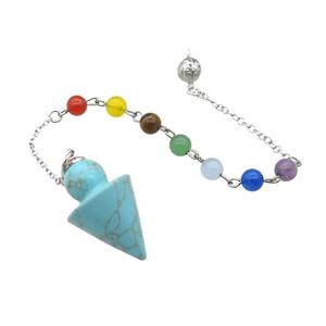 Blue Synthetic Turquoise Pendulum Pendant With Gemstone Chakra Chain Platinum Plated, approx 20-30mm, 6mm, 16cm length