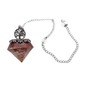 Red Jasper Chips Dowsing Diamond Shape Pendulum Pendant Tree Of Life Copper Chain Platinum Plated, approx 30mm, 20cm length