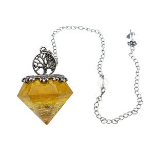 Yellow Citrine Chip Dowsing Diamond Shape Pendulum Pendant Tree Of Life Copper Chain Platinum Plated, approx 30mm, 20cm length