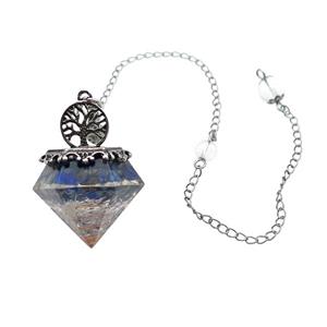 Blue Lapis Chips Dowsing Diamond Shape Pendulum Pendant Tree Of Life Copper Chain Platinum Plated, approx 30mm, 20cm length