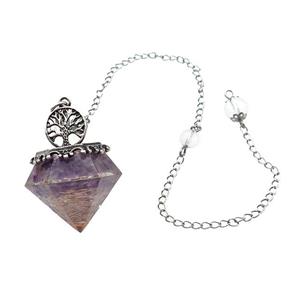 Purple Amethyst Chips Dowsing Diamond Shape Pendulum Pendant Tree Of Life Copper Chain Platinum Plat, approx 30mm, 20cm length