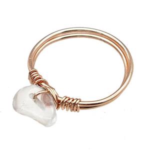 Copper Rings With Clear Quartz Wire Wrapped Rose Gold, approx 6-8mm, 18mm dia