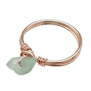 Copper Rings With Green Aventurine Wire Wrapped Rose Gold, approx 6-8mm, 18mm dia
