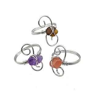 Copper Rings With Gemstone Wire Wrapped Platinum Plated Mixed, approx 6-8mm, 18mm dia