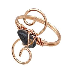 Copper Rings With Black Obsidian Wire Wrapped Rose Gold, approx 6-8mm, 18mm dia