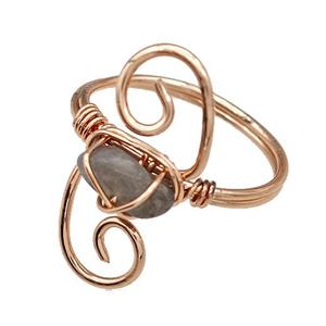 Copper Rings With Labradorite Wire Wrapped Rose Gold, approx 6-8mm, 18mm dia