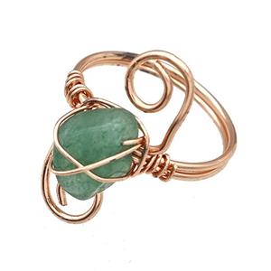 Copper Rings With Green Aventurine Wire Wrapped Rose Gold, approx 6-8mm, 18mm dia