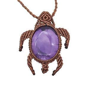 Natural Purple Amethyst Necklace Tortoise Waxed Fabric Rose Brown, approx 25-30mm