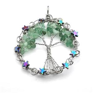 Green Aventurine Chips Pendant Tree Of Life Copper Wire Wrapped Platinum Plated, approx 50mm