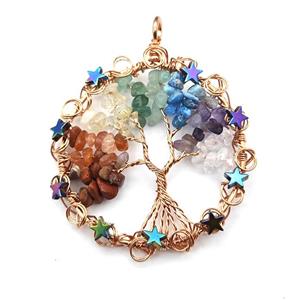 Mixed Gemstone Chips Pendant Chakra Tree Of Life Copper Wire Wrapped Rose Gold, approx 50mm