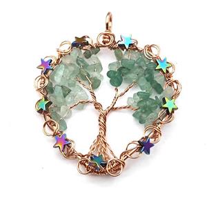 Green Aventurine Chips Pendant Tree Of Life Copper Wire Wrapped Rose Gold, approx 50mm