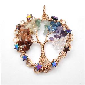 Gemstone Chakra Chips Pendant Tree Of Life Copper Wire Wrapped Rose Gold, approx 50mm