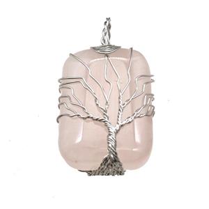 Pink Rose Quartz Rectangle Pendant Tree Of Life Copper Wire Wrapped Platinum, approx 25-35mm