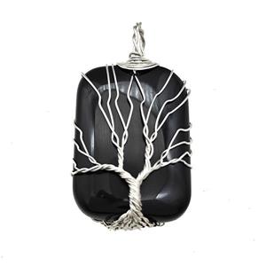 Black Obsidian Rectangle Pendant Tree Of Life Copper Wire Wrapped Platinum, approx 25-35mm