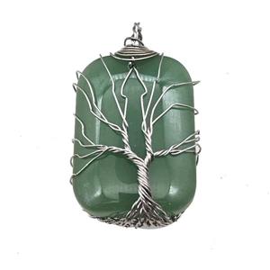 Green Aventurine Rectangle Pendant Tree Of Life Copper Wire Wrapped Platinum, approx 25-35mm