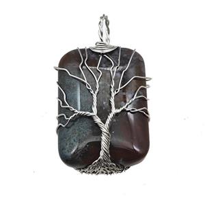 Indian Agate Rectangle Pendant Tree Of Life Copper Wire Wrapped Platinum, approx 25-35mm