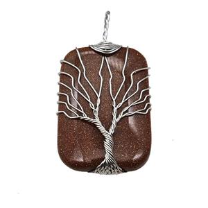 Gold Sandstone Rectangle Pendant Tree Of Life Copper Wire Wrapped Platinum, approx 25-35mm