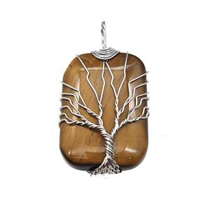 Tiger Eye Stone Rectangle Pendant Tree Of Life Copper Wire Wrapped Platinum, approx 25-35mm