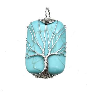 Blue Synthetic Turquoise Rectangle Pendant Tree Of Life Copper Wire Wrapped Platinum, approx 25-35mm
