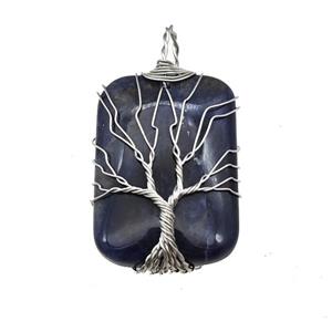 Blue Sodalite Rectangle Pendant Tree Of Life Copper Wire Wrapped Platinum, approx 25-35mm