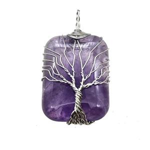Purple Amethyst Rectangle Pendant Tree Of Life Copper Wire Wrapped Platinum, approx 25-35mm
