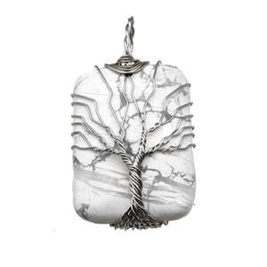 White Howlite Rectangle Pendant Tree Of Life Copper Wire Wrapped Platinum, approx 25-35mm