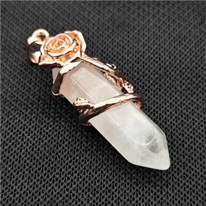 Clear Quartz Prism Pendant Cone Alloy Flower Wrapped Rose Gold, approx 10-40mm